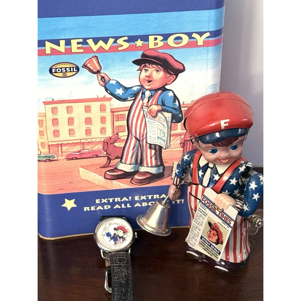 Vintage Fossil LE9490 Limited Edition News Boy Wind Up Tin Toy Set Watch